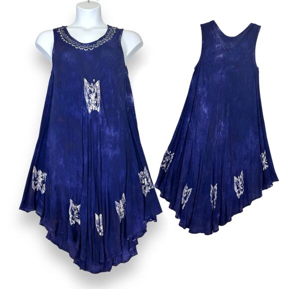 Butterfly Embroidered Beach Dress Free Size Rayon Tie Dye Artsy Asymmetric Fairy - Picture 2 of 11